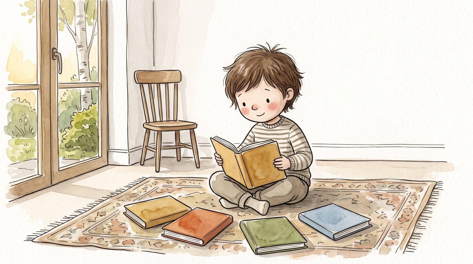 A child sitting with a small stack of different picture books, choosing which one to read