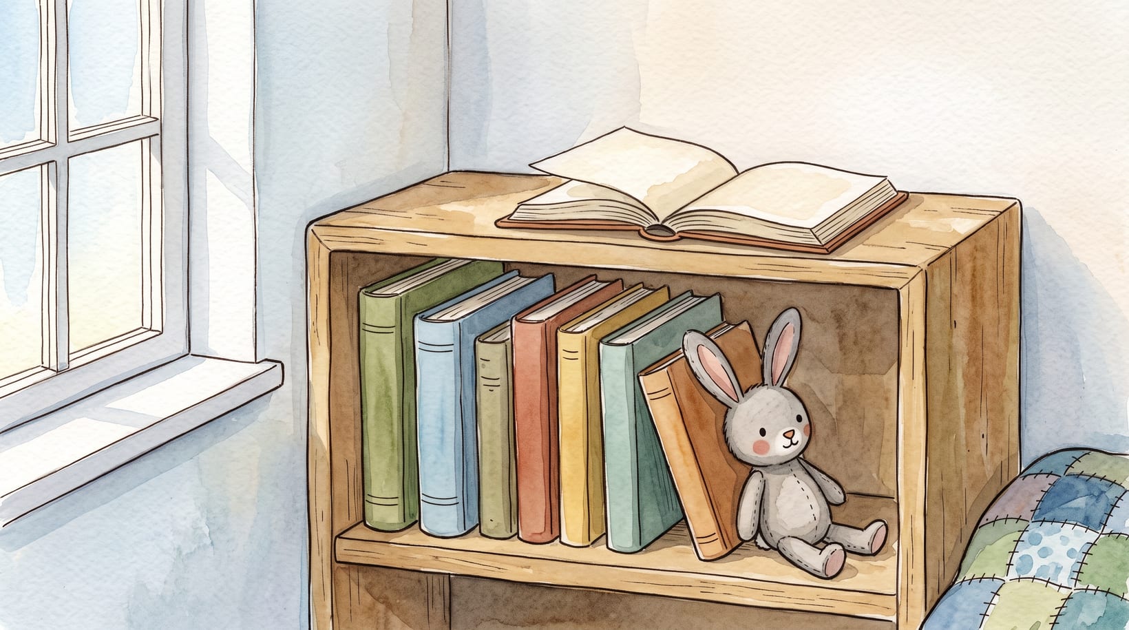 A low child-height bookshelf with a row of picture books and a stuffed rabbit leaning against the end