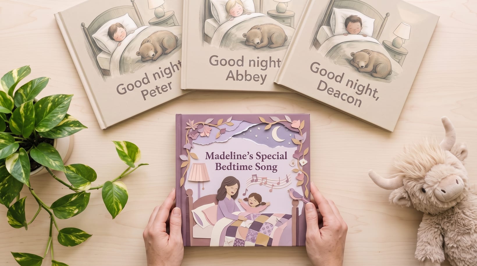 Three identical template picture books above a uniquely illustrated personalized hardcover