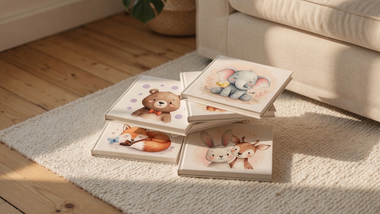 A stack of square children's picture books with illustrated animal covers on a cream rug in a sunlit living room