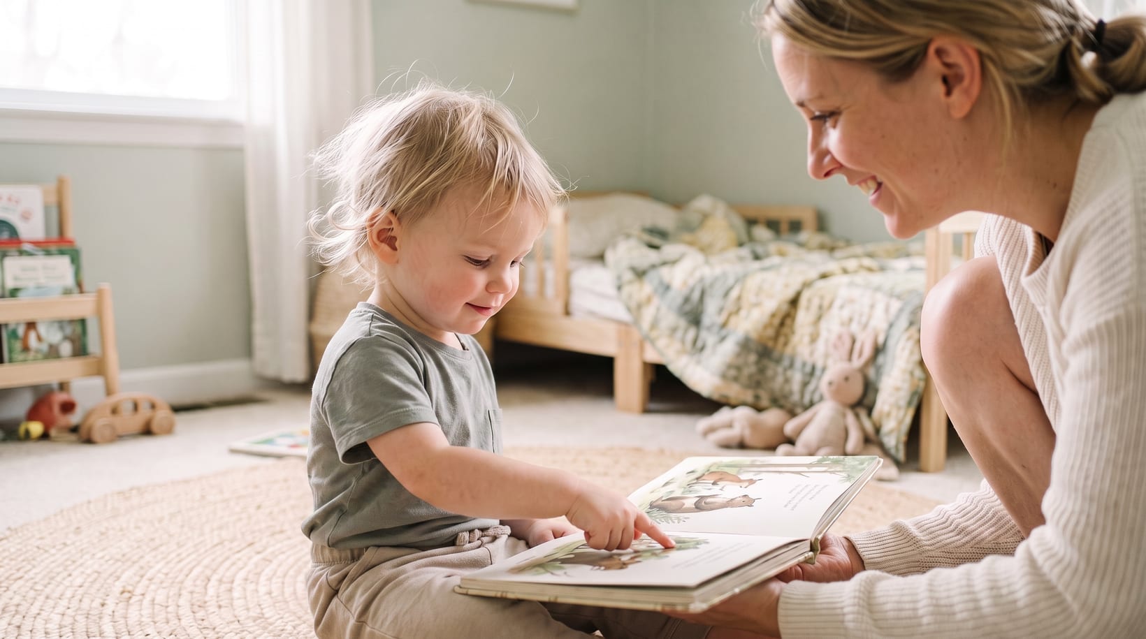 A toddler in a t-shirt and pants pointing at a page of a square hardcover picture book while a parent holds it open, in a bright toddler bedroom