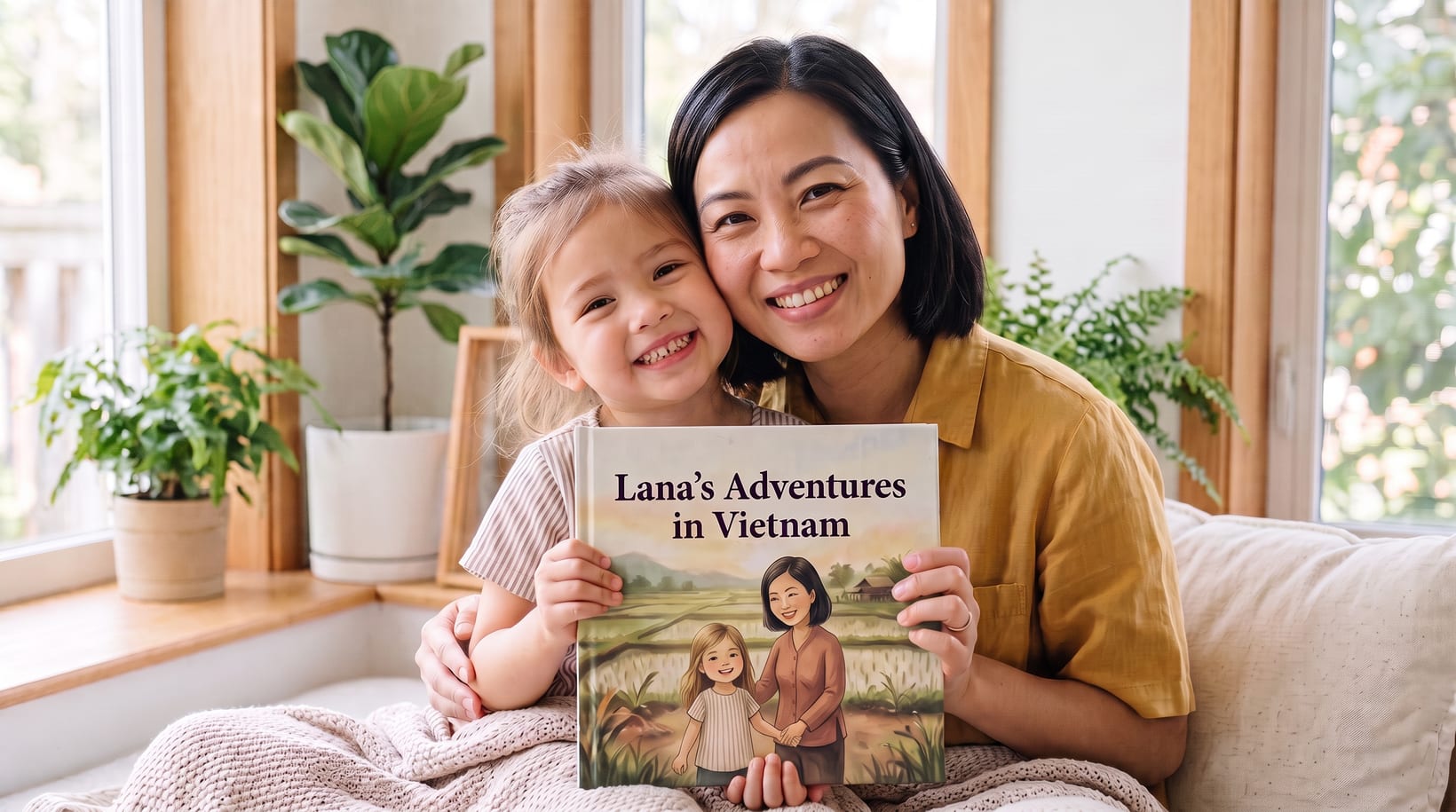 A mother and daughter holding up their finished personalized hardcover children's book