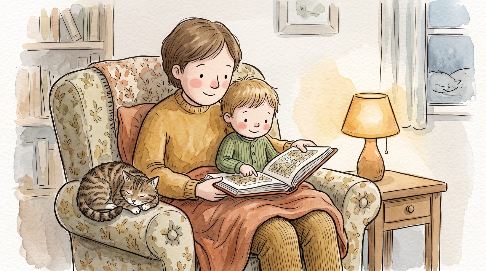A grown-up and a small child reading a hardcover picture book together in an armchair by lamplight, with a sleeping cat beside them