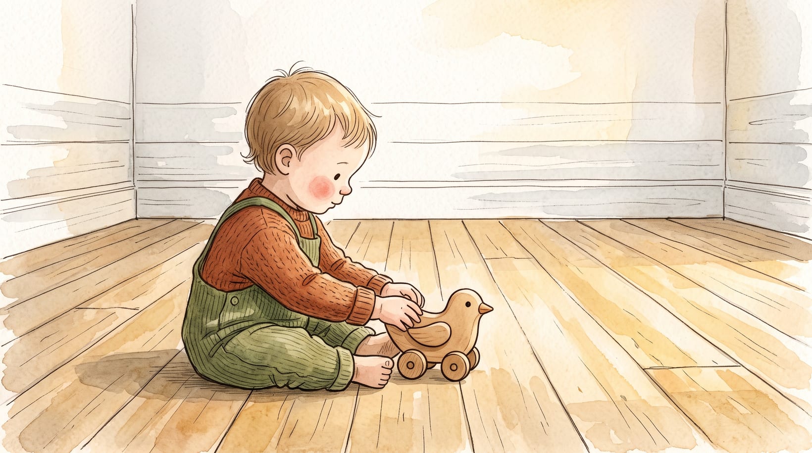 A toddler in green dungarees sitting on a bare wooden floor, completely absorbed in playing with a single wooden pull-along bird
