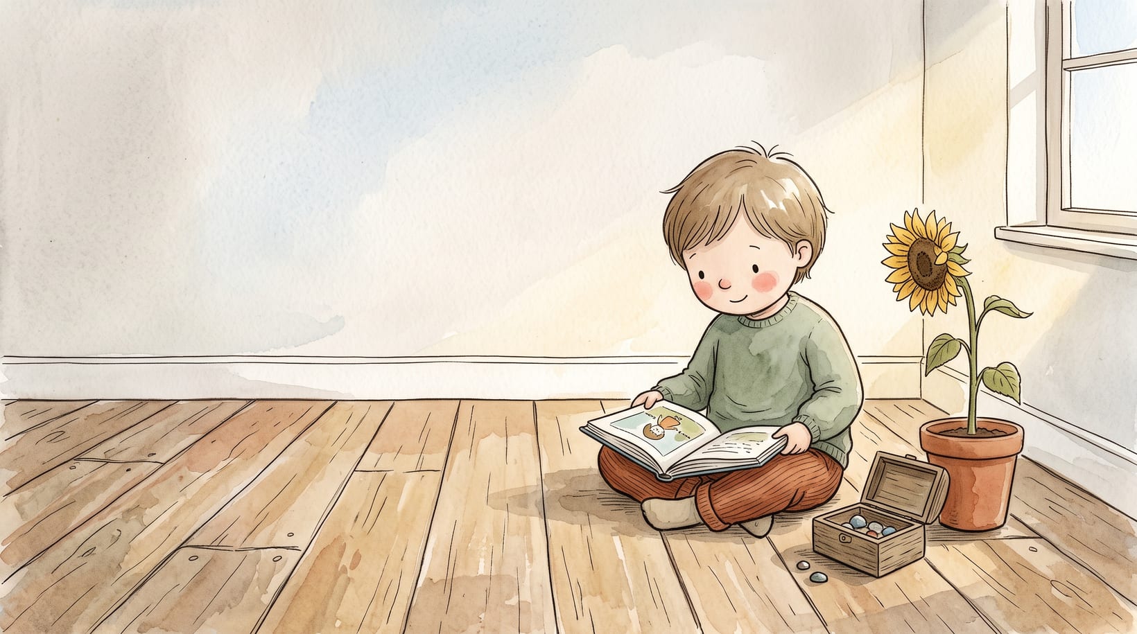 A child sitting on a wooden floor reading a picture book, beside a small keepsake box and a potted sunflower in an uncluttered sunlit room