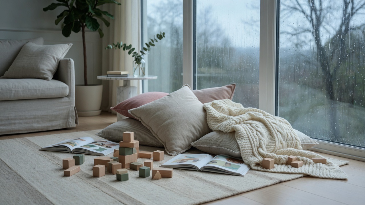 A living room on a rainy day: rain on the windows, pillows and wooden toys on a cream rug