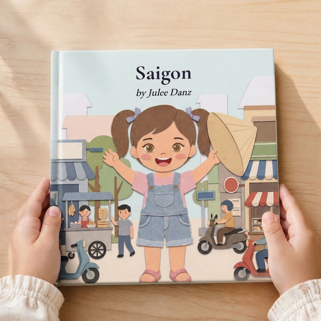 A hardcover picture book titled Saigon, held in a child's hands