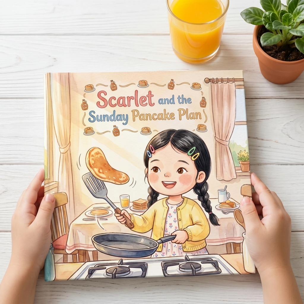 A hardcover picture book titled Scarlet and the Sunday Pancake Plan, held in a child's hands