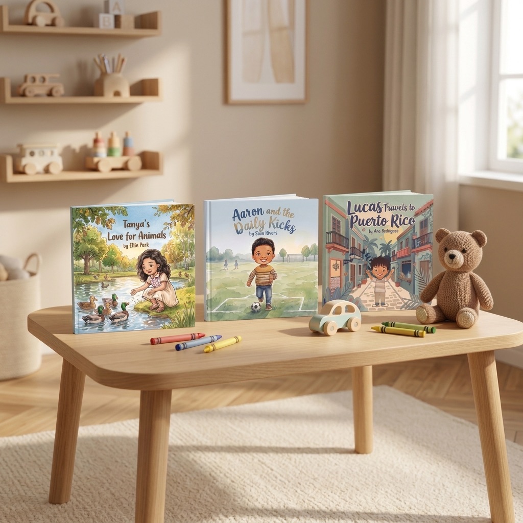 Three personalized Adelynne hardcover children's books on a playroom table: Tanya's Love for Animals, Aaron and the Daily Kicks, and Lucas Travels to Puerto Rico