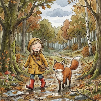 Storybook ink style: a child in a yellow coat walking an autumn woodland path beside a fox
